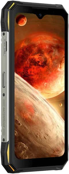 Doogee S89 rugged smartphone, front view, displaying space scene with planets on screen, black body with gold accents