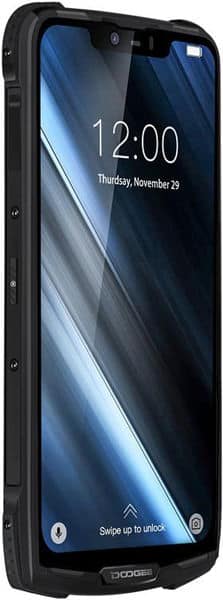 Front view of rugged black Doogee S90 showing reinforced frame, 12:00 time, November 29 date, and slide-to-unlock screen.
