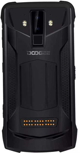 Rear view of rugged black Doogee S90 with textured back, "DOOGEE" branding, dual cameras, two flashes, and gold connector pins.