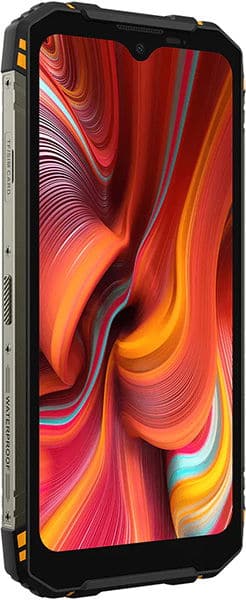 Doogee S96 GT smartphone at an angled front view, showing robust black-orange frame, screen on, side buttons, and water-resistant label.