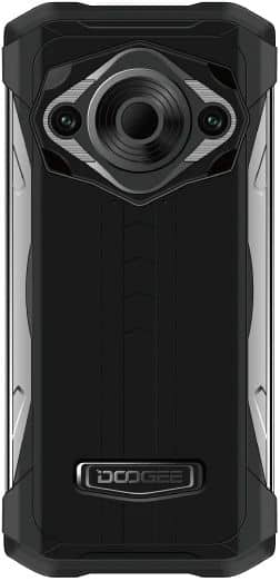 Doogee S98 Pro rear view, showing large circular camera module with dual lenses and black rugged design