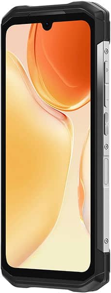 Doogee S98 Pro front view with orange and yellow gradient display and black rugged frame with side buttons