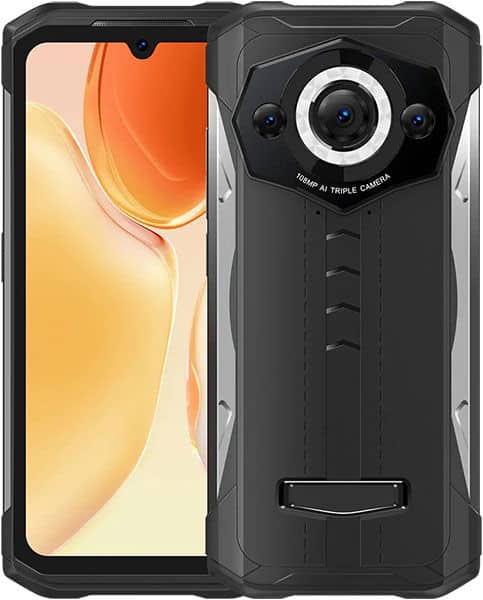 Doogee S99 front and rear view, showing orange-yellow gradient display and triple rear camera setup with white ring light