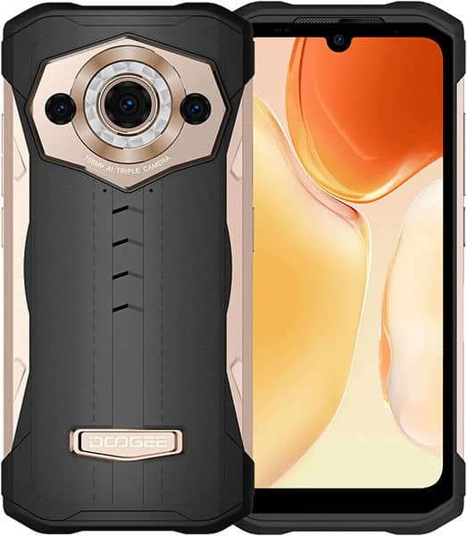 Doogee S99 rugged smartphone shown from front and rear, featuring triple rear cameras and orange gradient display screen