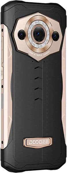 Doogee S99 rear view, showing triple camera module with large central lens and dual side lenses on hexagonal beige plate, black rugged body with rose gold accents