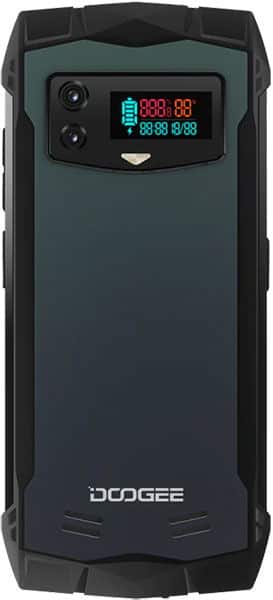 Doogee Smini rear view showing teal back panel, dual cameras, LED display with time and battery indicator, and Doogee branding