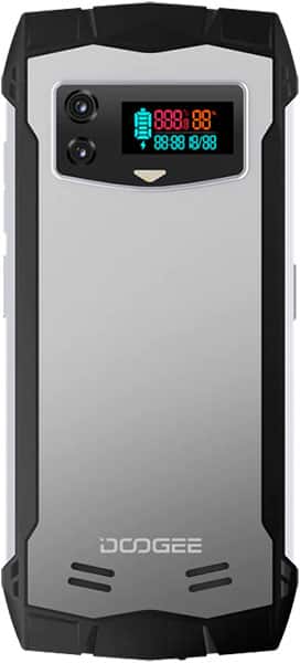 Doogee Smini rugged phone front view, displaying dual LED screens showing time and battery level, with dual cameras and speaker grilles on black and silver body