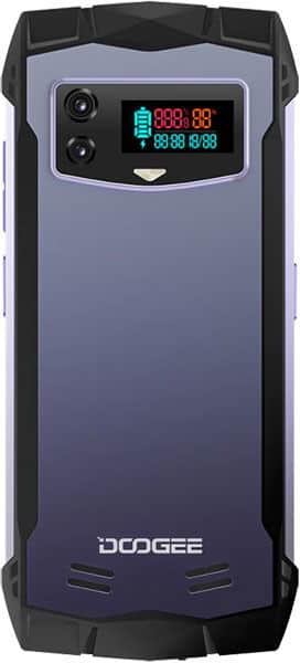 Doogee Smini front view with blue gradient back panel, dual rear cameras, and cyan digital display showing time and battery information