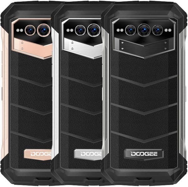 Doogee V Max rear view in three color variants: rose gold, silver, and black, each with triple rear cameras and textured back panel