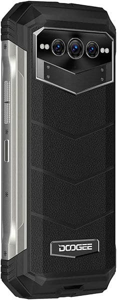 Doogee V Max rear view showing triple camera setup with LED flash and textured black design with silver accents