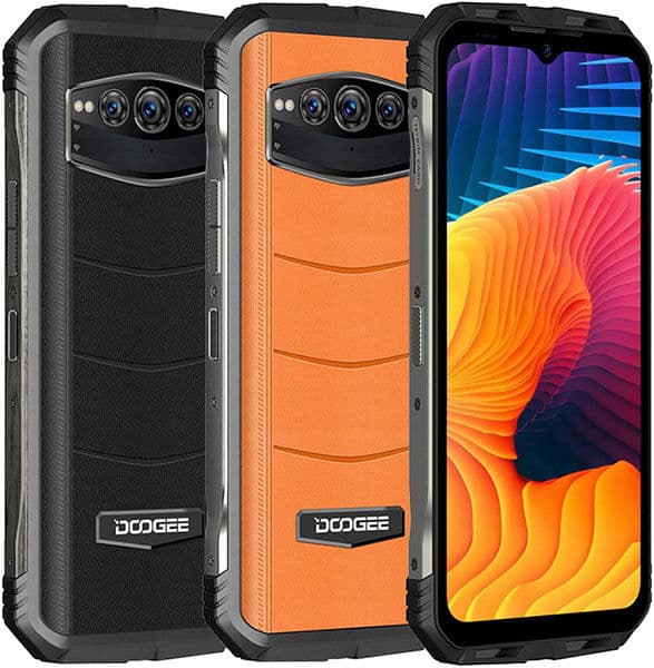 Doogee V30 rugged smartphones shown in black and orange variants with rear triple cameras, displayed front and back views
