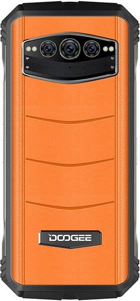 Doogee V30 rear view, orange rugged phone with triple camera setup and black accents