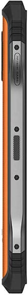 Doogee V30 rear view, showing orange and black edges with silver center panel and camera placement
