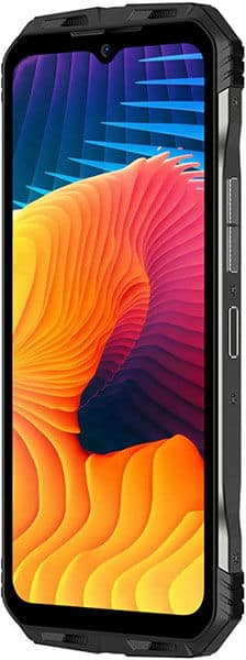 Doogee V30 smartphone front view, displaying a colorful abstract wallpaper with layered waves in orange, yellow, pink, and blue tones