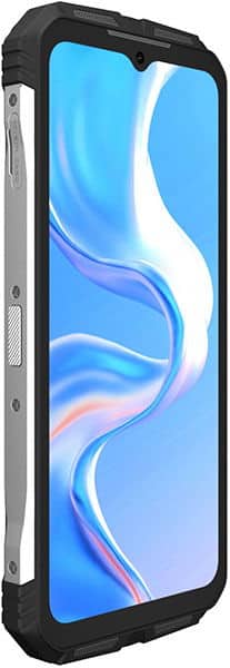 Doogee V31GT front view with display on, showing blue abstract wallpaper, black rugged frame and silver side accents