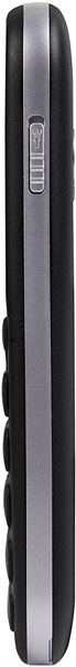 Side view of black and silver Doro 1360 phone shows round buttons on left edge and a light bulb icon button on right edge.