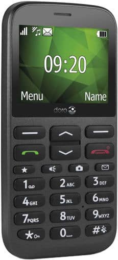 Doro 1370 mobile phone, front view, displaying 09:20 on screen with Menu and Name options visible, black body with physical keypad and colored function buttons