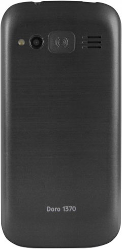 Doro 1370 rear view showing black clamshell phone with camera lens and speaker grille