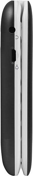 Doro 2404 mobile phone shown from the side, black and white clamshell design with closed position displayed