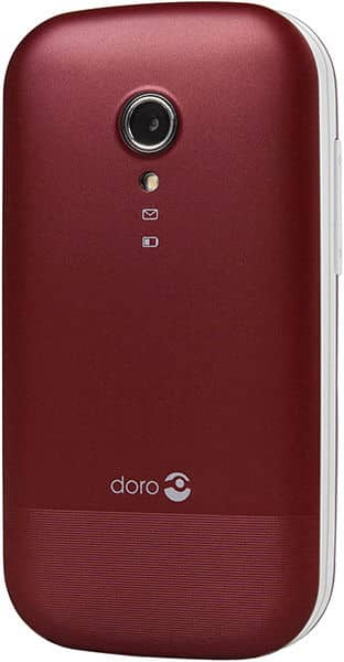 Doro 2404 rear view, burgundy flip phone with camera lens and Doro branding visible