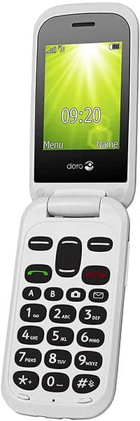 Doro 2404 flip phone, open, displaying green time screen with numeric keypad visible below