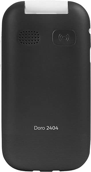 Doro 2404 flip phone, rear view, showing speaker grille and camera lens on black casing