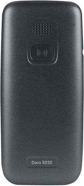 Doro 5030 phone rear view, showing dark gray casing with speaker grille and wireless charging symbol