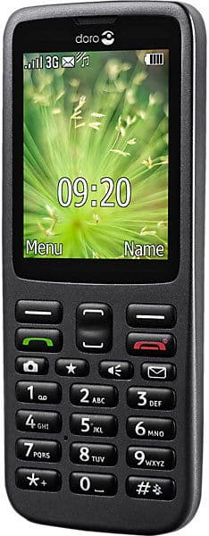 Doro 5516 mobile phone, front view, with green wallpaper showing time 09:20 on screen and numeric keypad below