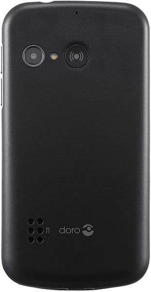 Doro 5860 rear view, black phone with dual cameras and speaker grille