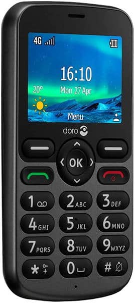 Doro 5860 mobile phone front view showing screen with time, date and weather, numeric keypad, and colored call buttons