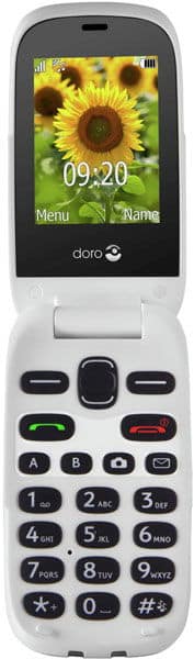 Doro 6030 flip phone, open, displaying sunflower screensaver with time 09:20 on screen