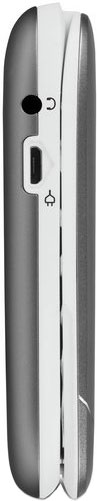 Doro 6030 side view, showing dark gray and white clamshell phone with external display and controls