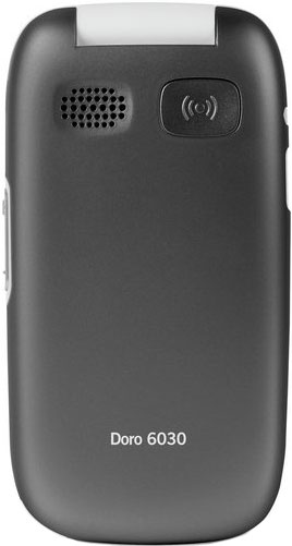 Doro 6030 rear view, black clamshell phone with speaker grille and wireless charging icon visible