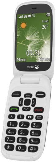 Front view of white Doro 6520 flip phone, black keypad, color screen shows 09:30, Monday date, 20°C weather, dandelion background.