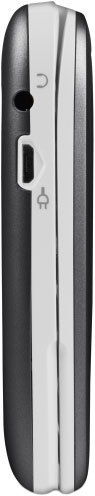 Side view of Doro 6520 mobile phone in black and white, displaying headphone jack and charging port on the edge.