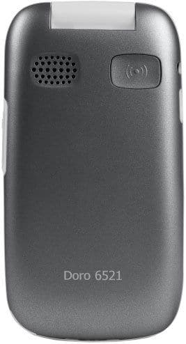 Rear view of gray Doro 6521 showing speaker, emergency button with alert icon, and model name at the bottom.