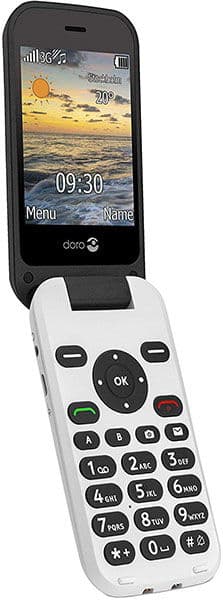 Front view of a white Doro 6620 flip phone open, showing black keypad, labeled buttons, and small screen with icons at 09:30.