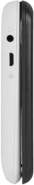 Side view close-up of the Doro 6620 phone in white with black cover, showing power button, circular port, and micro USB port.