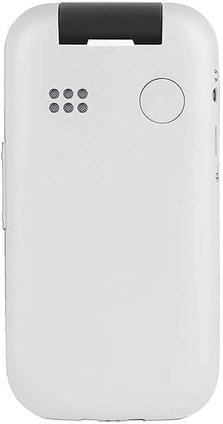 Rear view of white Doro 6620 flip phone with speaker grill, circular camera, and black top hinge visible.