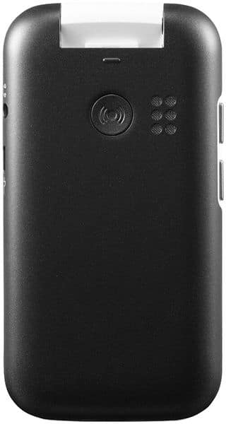 Rear view of black Doro 6820 flip phone showing top camera, right speaker grid, and side buttons on the edges.