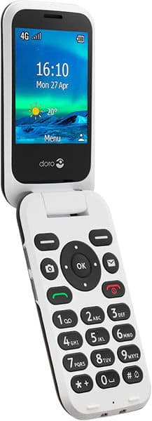 Front view of a white Doro 6820 flip phone with color screen, date/time display, large buttons, and "doro" logo below screen.