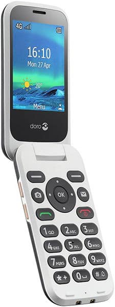 Doro 6880 flip phone, front view open with screen displaying time and weather, numeric keypad and navigation buttons visible below