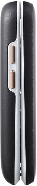 Doro 6880 mobile phone, side view with clamshell open, showing black exterior and silver hinge with control buttons
