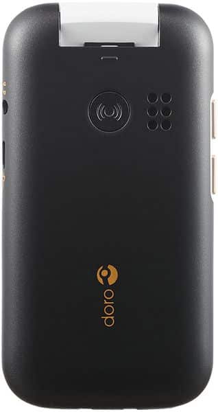 Doro 6880 rear view, black clamshell phone with speaker grille and keypad visible, white top section, gold Doro logo