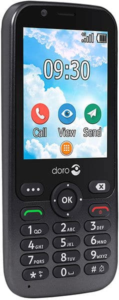 Doro 7010 phone, front view, with cloud-themed display showing time 09:30 and three large button options for Call, View, and Send functions