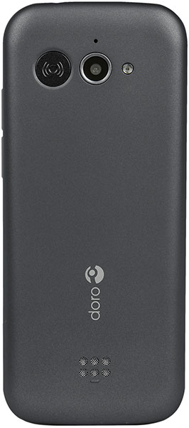 Doro 7010 rear view, dark gray phone with dual cameras and speaker grille