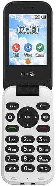 Front view of white and black Doro 7030 flip phone, color screen open, large labeled keypad, time 09:30 displayed.