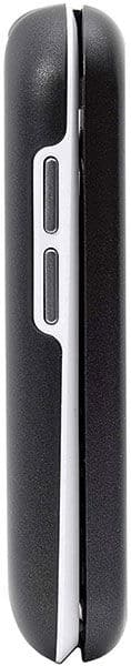 Side view of closed Doro 7030 flip phone in black and white, highlighting edge profile and two rectangular side buttons.