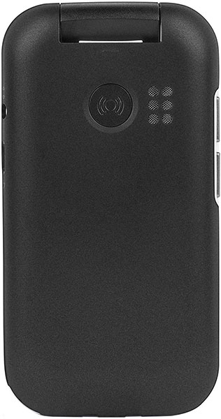 Rear view of closed black Doro 7030 flip phone showing circular emblem, speaker holes, and top hinge. Minimalist design.