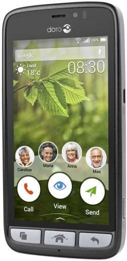 Doro 8030 smartphone front view with green leaf wallpaper, showing time 08:30, contact shortcuts, and call, view, send buttons